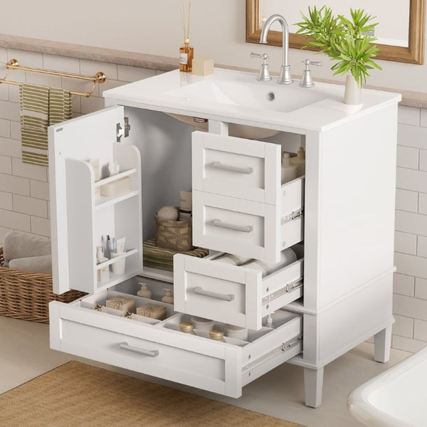 English Elm 30 Inch Freestanding Bathroom Vanity Solid Wood Frame Ceramic Sink Soft Close Storage White N729P370363K