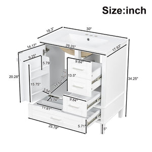 English Elm 30 Inch Freestanding Bathroom Vanity Solid Wood Frame Ceramic Sink Soft Close Storage White N729P370363K