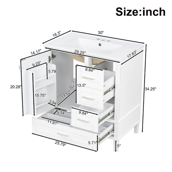 English Elm 30 Inch Freestanding Bathroom Vanity Solid Wood Frame Ceramic Sink Soft Close Storage White N729P370363K