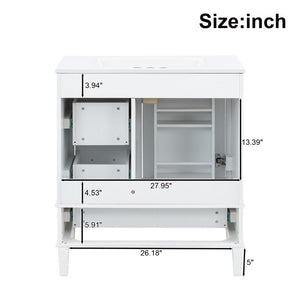 English Elm 30 Inch Freestanding Bathroom Vanity Solid Wood Frame Ceramic Sink Soft Close Storage White N729P370363K