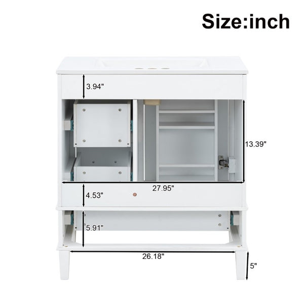 English Elm 30 Inch Freestanding Bathroom Vanity Solid Wood Frame Ceramic Sink Soft Close Storage White N729P370363K