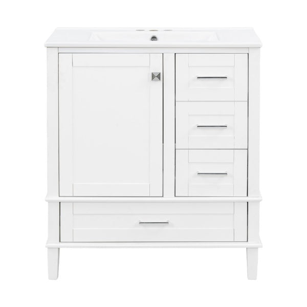 English Elm 30 Inch Freestanding Bathroom Vanity Solid Wood Frame Ceramic Sink Soft Close Storage White N729P370363K