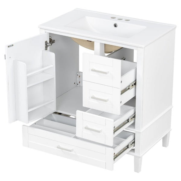 English Elm 30 Inch Freestanding Bathroom Vanity Solid Wood Frame Ceramic Sink Soft Close Storage White N729P370363K