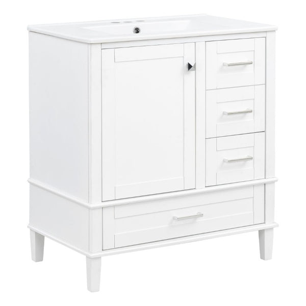 English Elm 30 Inch Freestanding Bathroom Vanity Solid Wood Frame Ceramic Sink Soft Close Storage White N729P370363K