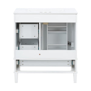 English Elm 30 Inch Freestanding Bathroom Vanity Solid Wood Frame Ceramic Sink Soft Close Storage White N729P370363K