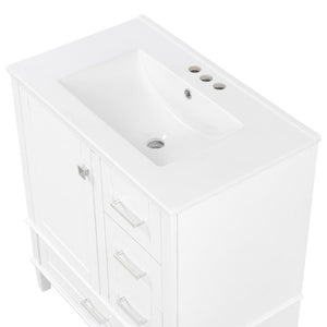 English Elm 30 Inch Freestanding Bathroom Vanity Solid Wood Frame Ceramic Sink Soft Close Storage White N729P370363K