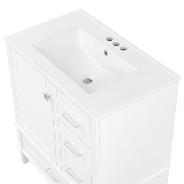 English Elm 30 Inch Freestanding Bathroom Vanity Solid Wood Frame Ceramic Sink Soft Close Storage White N729P370363K