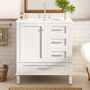 English Elm 30 Inch Freestanding Bathroom Vanity Solid Wood Frame Ceramic Sink Soft Close Storage White N729P370363K