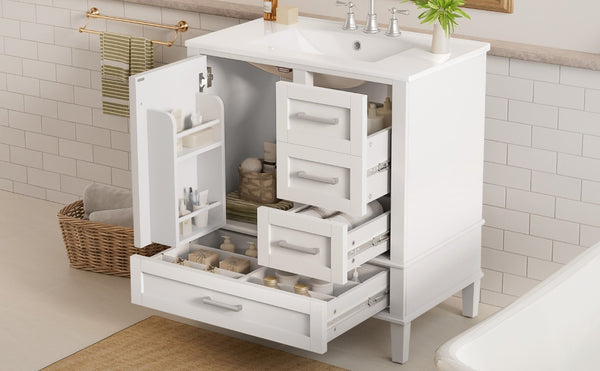 English Elm 30 Inch Freestanding Bathroom Vanity Solid Wood Frame Ceramic Sink Soft Close Storage White N729P370363K