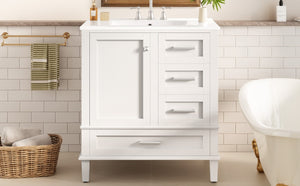 English Elm 30 Inch Freestanding Bathroom Vanity Solid Wood Frame Ceramic Sink Soft Close Storage White N729P370363K