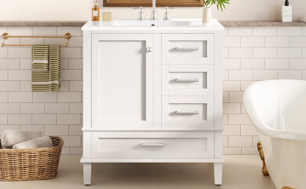 English Elm 30 Inch Freestanding Bathroom Vanity Solid Wood Frame Ceramic Sink Soft Close Storage White N729P370363K