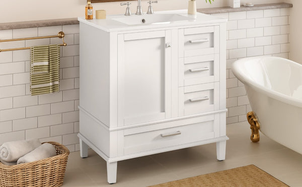 English Elm 30 Inch Freestanding Bathroom Vanity Solid Wood Frame Ceramic Sink Soft Close Storage White N729P370363K