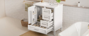 English Elm 30 Inch Freestanding Bathroom Vanity Solid Wood Frame Ceramic Sink Soft Close Storage White N729P370363K