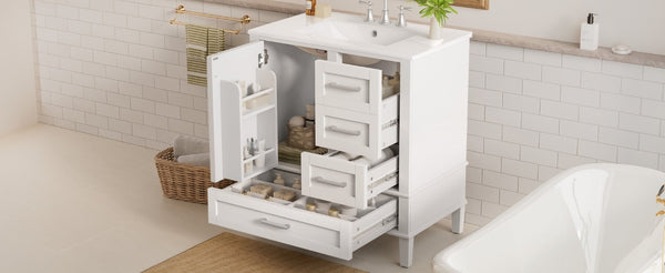 English Elm 30 Inch Freestanding Bathroom Vanity Solid Wood Frame Ceramic Sink Soft Close Storage White N729P370363K
