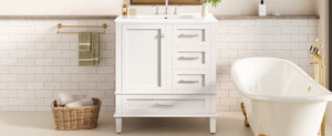English Elm 30 Inch Freestanding Bathroom Vanity Solid Wood Frame Ceramic Sink Soft Close Storage White N729P370363K