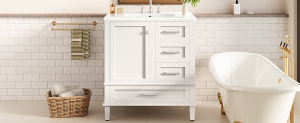 English Elm 30 Inch Freestanding Bathroom Vanity Solid Wood Frame Ceramic Sink Soft Close Storage White N729P370363K