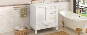 English Elm 30 Inch Freestanding Bathroom Vanity Solid Wood Frame Ceramic Sink Soft Close Storage White N729P370363K