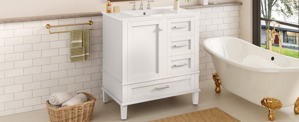 English Elm 30 Inch Freestanding Bathroom Vanity Solid Wood Frame Ceramic Sink Soft Close Storage White N729P370363K