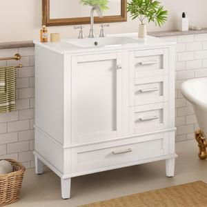 English Elm 30 Inch Freestanding Bathroom Vanity Solid Wood Frame Ceramic Sink Soft Close Storage White N729P370363K