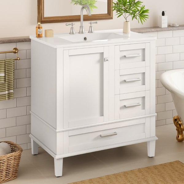 English Elm 30 Inch Freestanding Bathroom Vanity Solid Wood Frame Ceramic Sink Soft Close Storage White N729P370363K