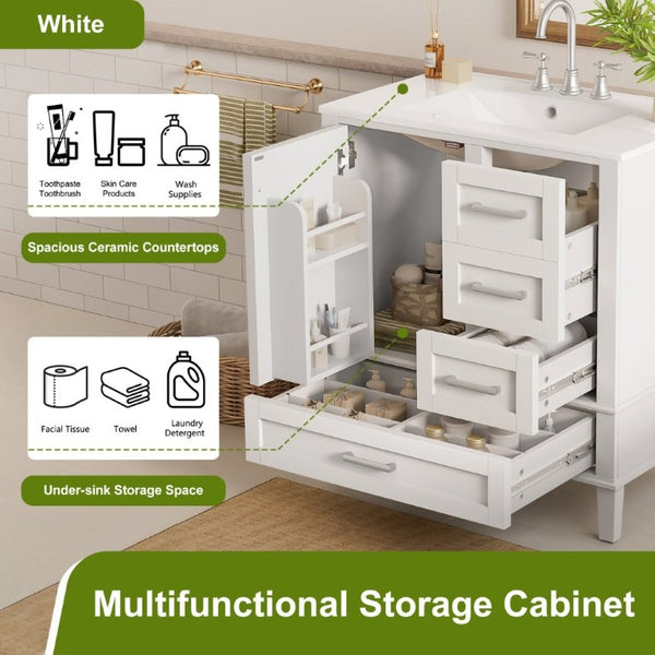 English Elm 30 Inch Freestanding Bathroom Vanity Solid Wood Frame Ceramic Sink Soft Close Storage White N729P370363K