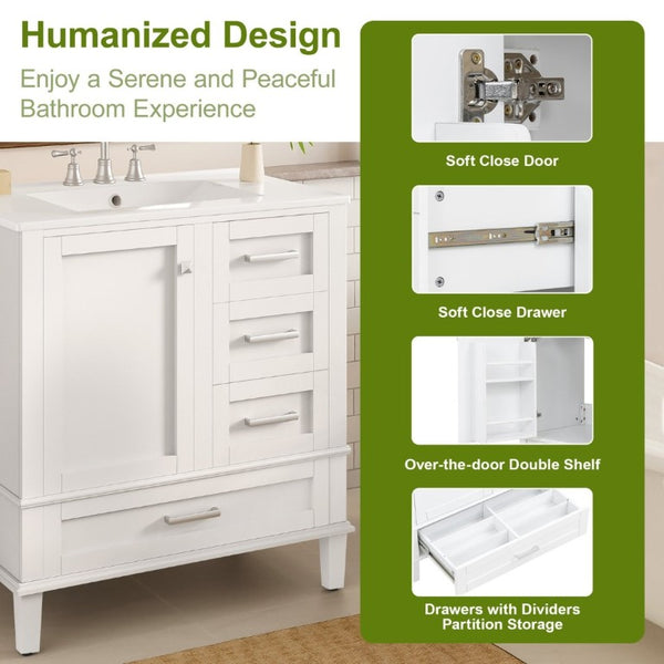 English Elm 30 Inch Freestanding Bathroom Vanity Solid Wood Frame Ceramic Sink Soft Close Storage White N729P370363K