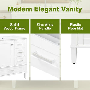 English Elm 30 Inch Freestanding Bathroom Vanity Solid Wood Frame Ceramic Sink Soft Close Storage White N729P370363K
