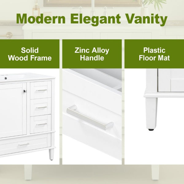 English Elm 30 Inch Freestanding Bathroom Vanity Solid Wood Frame Ceramic Sink Soft Close Storage White N729P370363K