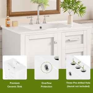 English Elm 30 Inch Freestanding Bathroom Vanity Solid Wood Frame Ceramic Sink Soft Close Storage White N729P370363K