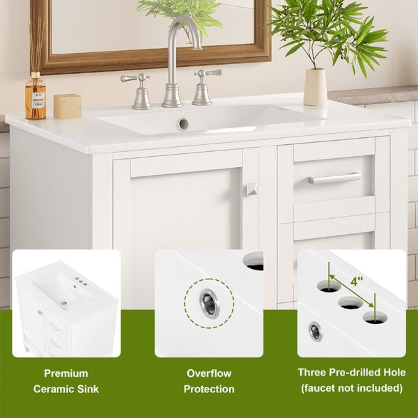 English Elm 30 Inch Freestanding Bathroom Vanity Solid Wood Frame Ceramic Sink Soft Close Storage White N729P370363K
