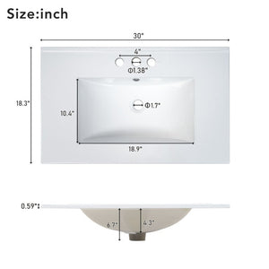 English Elm 30 Inch Freestanding Bathroom Vanity Solid Wood Frame Ceramic Sink Soft Close Storage White N729P370363K