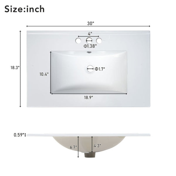 English Elm 30 Inch Freestanding Bathroom Vanity Solid Wood Frame Ceramic Sink Soft Close Storage White N729P370363K