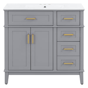 English Elm 36 Inch Gray Bathroom Vanity Solid Wood Frame Ceramic Sink Soft Close Drawers Modern Bath N729P380151E