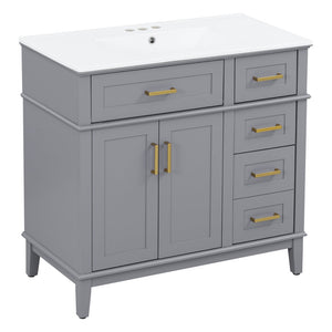 English Elm 36 Inch Gray Bathroom Vanity Solid Wood Frame Ceramic Sink Soft Close Drawers Modern Bath N729P380151E