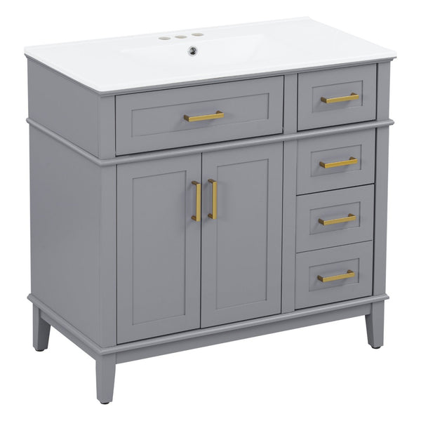 English Elm 36 Inch Gray Bathroom Vanity Solid Wood Frame Ceramic Sink Soft Close Drawers Modern Bath N729P380151E