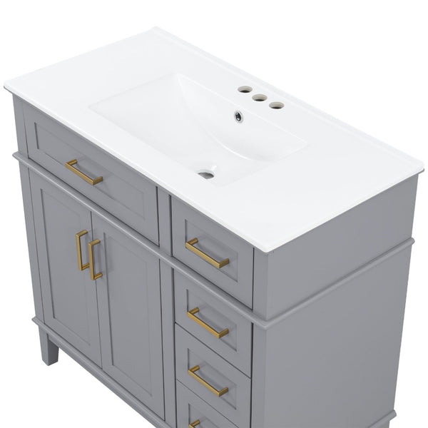 English Elm 36 Inch Gray Bathroom Vanity Solid Wood Frame Ceramic Sink Soft Close Drawers Modern Bath N729P380151E