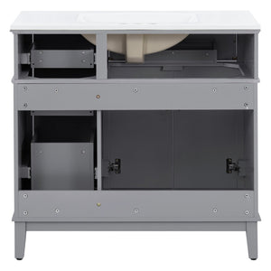 English Elm 36 Inch Gray Bathroom Vanity Solid Wood Frame Ceramic Sink Soft Close Drawers Modern Bath N729P380151E