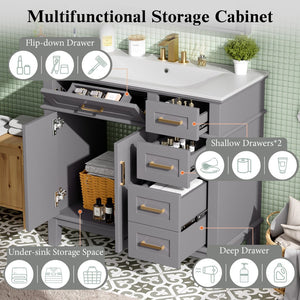English Elm 36 Inch Gray Bathroom Vanity Solid Wood Frame Ceramic Sink Soft Close Drawers Modern Bath N729P380151E