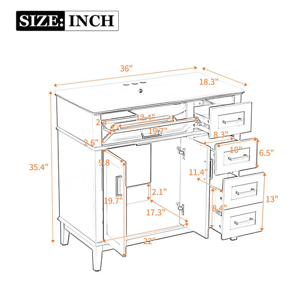 English Elm 36 Inch Gray Bathroom Vanity Solid Wood Frame Ceramic Sink Soft Close Drawers Modern Bath N729P380151E