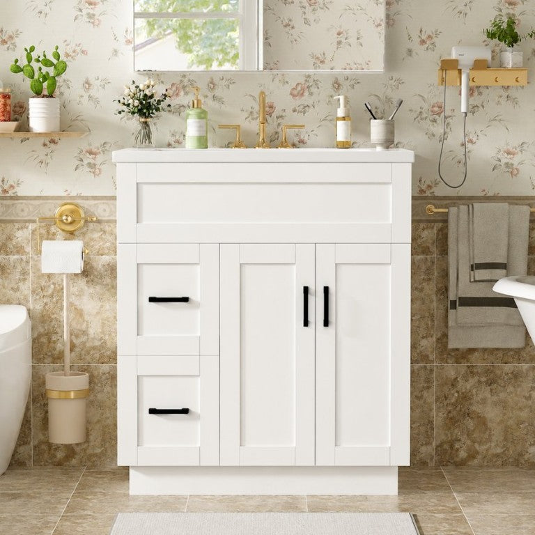 English Elm 30-Inch Freestanding Bathroom Vanity with SMC Resin Sink Soft Close Doors MDF Cabinet White B N729P396834H