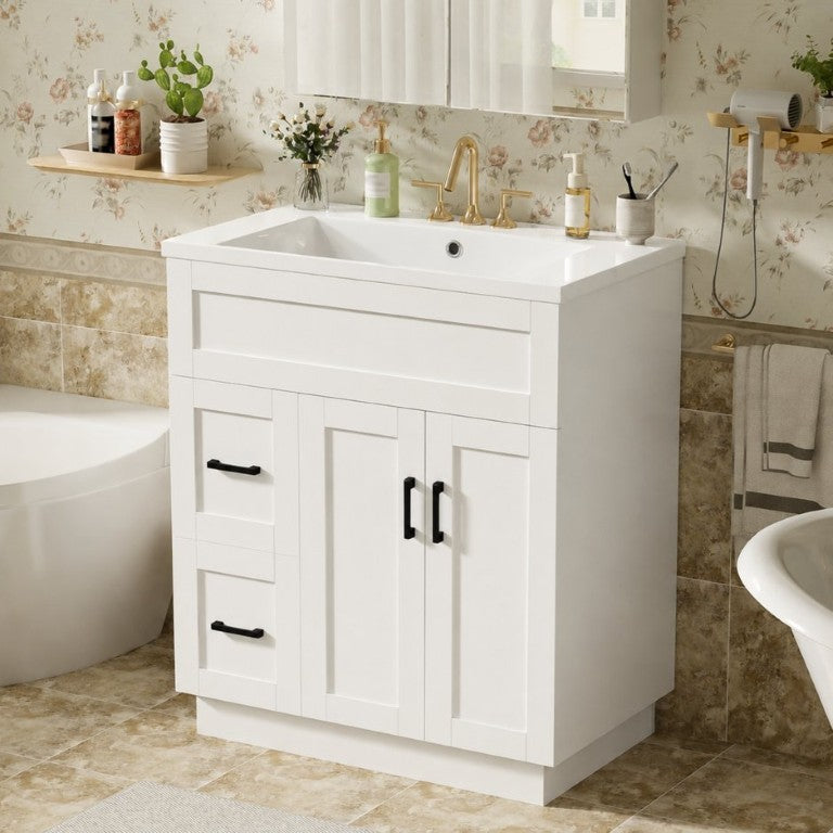 English Elm 30-Inch Freestanding Bathroom Vanity with SMC Resin Sink Soft Close Doors MDF Cabinet White B N729P396834H