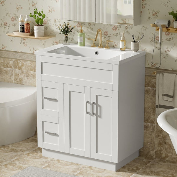 English Elm [video]30-inch Freestanding Bathroom Vanity White Mdf Soft Close Resin Sink Included N729P396834K