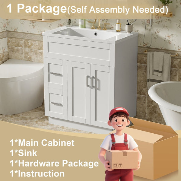 English Elm [video]30-inch Freestanding Bathroom Vanity White Mdf Soft Close Resin Sink Included N729P396834K