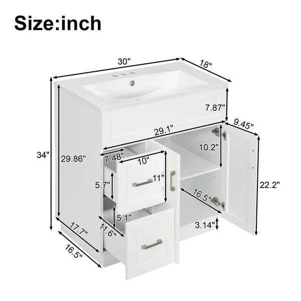 English Elm [video]30-inch Freestanding Bathroom Vanity White Mdf Soft Close Resin Sink Included N729P396834K