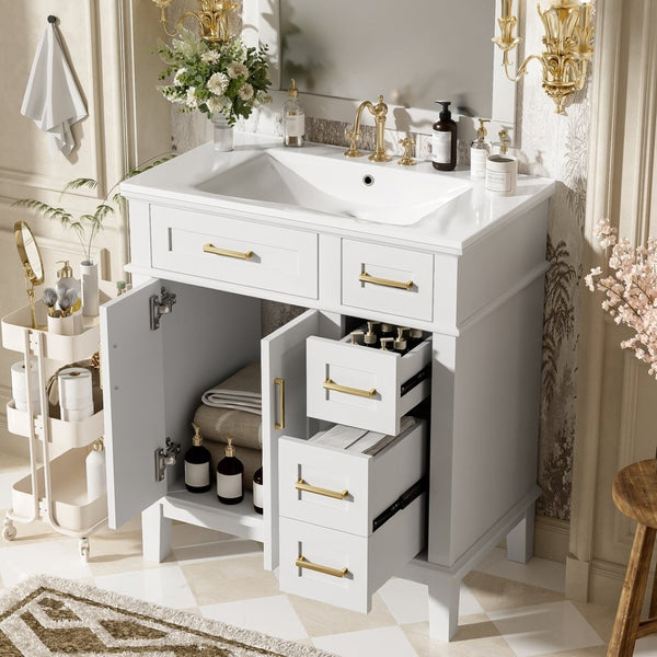 English Elm 30" Freestanding Bathroom Vanity Solid Wood Cabinet Ceramic Sink Soft Close Doors N729P427118K
