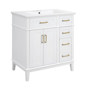 English Elm 30" Freestanding Bathroom Vanity Solid Wood Cabinet Ceramic Sink Soft Close Doors N729P427118K