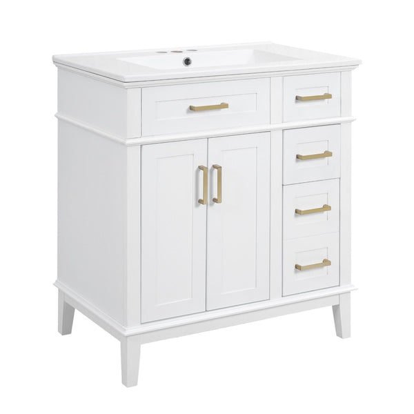 English Elm 30" Freestanding Bathroom Vanity Solid Wood Cabinet Ceramic Sink Soft Close Doors N729P427118K