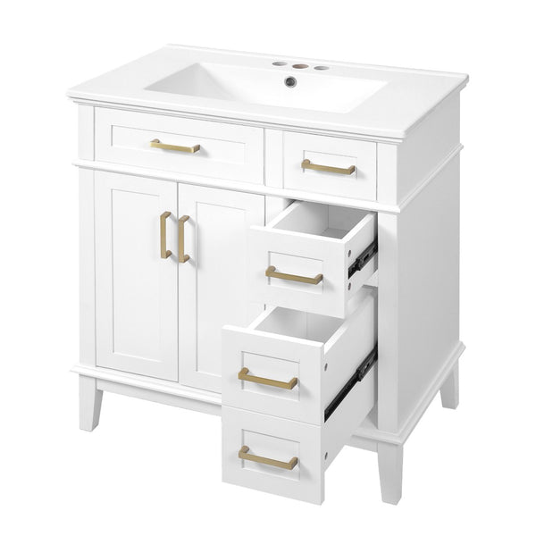 English Elm 30" Freestanding Bathroom Vanity Solid Wood Cabinet Ceramic Sink Soft Close Doors N729P427118K