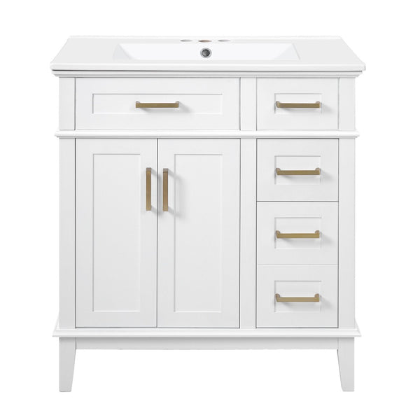 English Elm 30" Freestanding Bathroom Vanity Solid Wood Cabinet Ceramic Sink Soft Close Doors N729P427118K