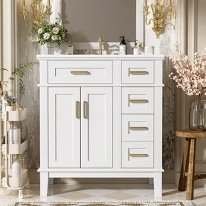 English Elm 30" Freestanding Bathroom Vanity Solid Wood Cabinet Ceramic Sink Soft Close Doors N729P427118K